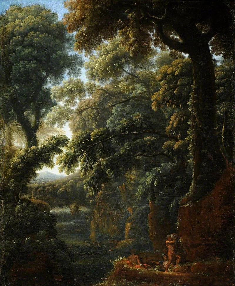 Paesaggio boscoso con figure che bagnano da una cascata - National Trust